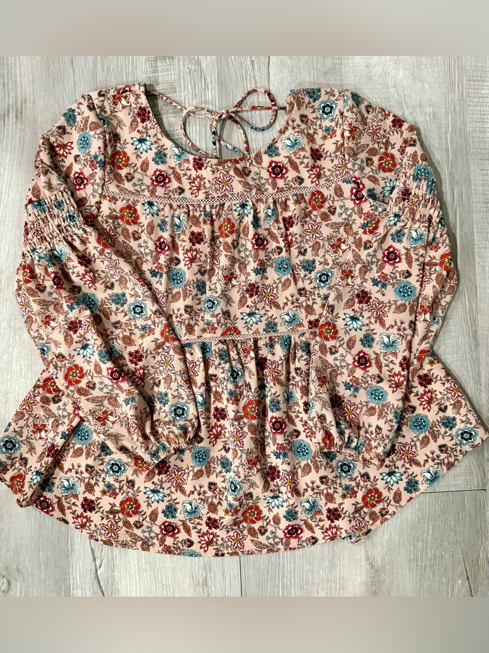 Knox Rose Peach Floral Smocked Tunic with Teal & Rust Accents